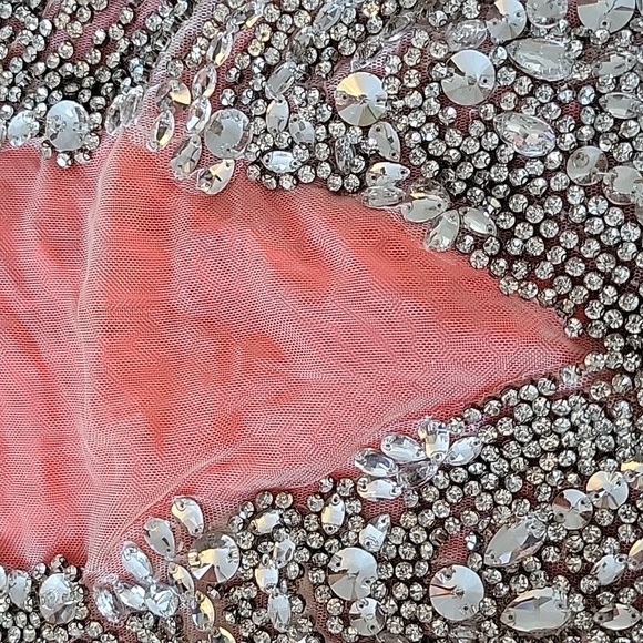 Silver Crystal Jeweled & Red Rhinestone Mesh Detail Formal Mini Dress Pageant S - Picture 10 of 15